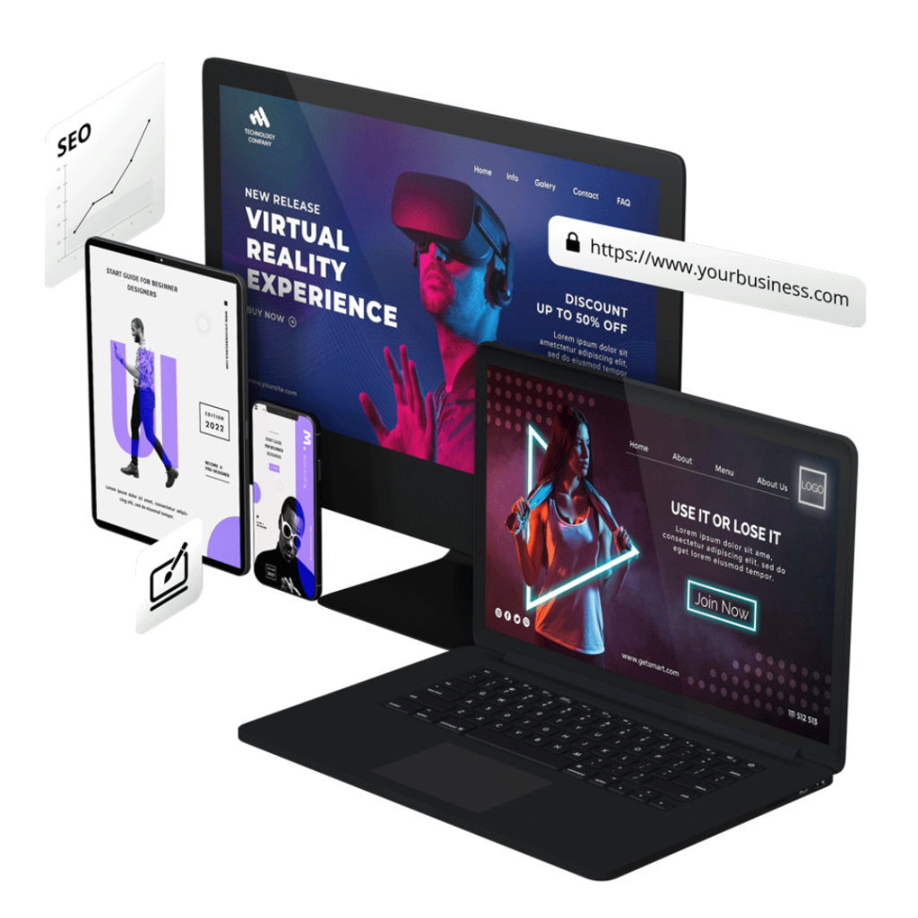 An image featuring various gadgets arranged alongside different website interfaces displayed on screens